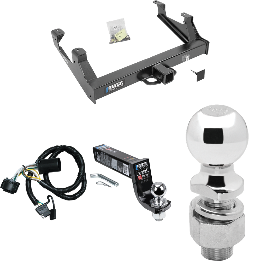 Fits 2015-2019 Chevrolet Silverado 3500 HD Trailer Hitch Tow PKG w/ 4-Flat Wiring Harness + Interlock Ball Mount Starter Kit 5" Drop w/ 2" Ball + 2-5/16" Ball By Reese Towpower