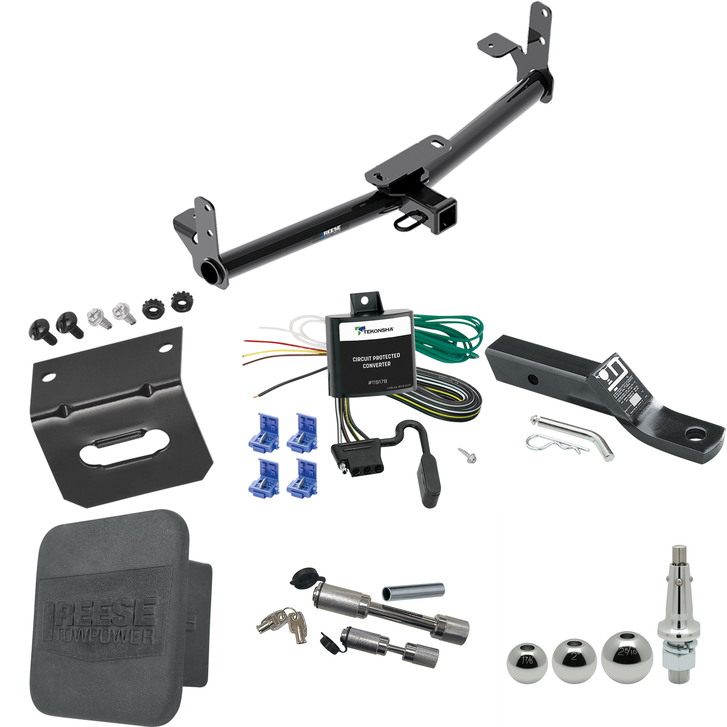 Fits 2007-2009 Pontiac Torrent Trailer Hitch Tow PKG w/ 4-Flat Wiring + Ball Mount w/ 2" Drop + Interchangeable Ball 1-7/8" & 2" & 2-5/16" + Wiring Bracket + Dual Hitch & Coupler Locks + Hitch Cover By Reese Towpower