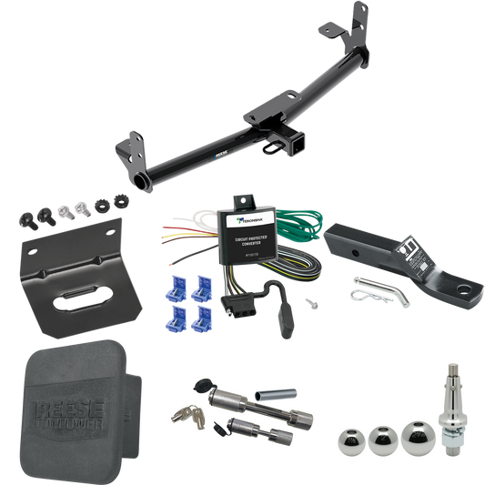 Fits 2007-2009 Pontiac Torrent Trailer Hitch Tow PKG w/ 4-Flat Wiring + Ball Mount w/ 2" Drop + Interchangeable Ball 1-7/8" & 2" & 2-5/16" + Wiring Bracket + Dual Hitch & Coupler Locks + Hitch Cover By Reese Towpower