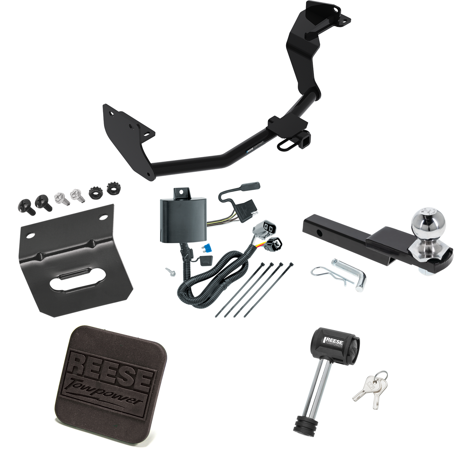 Fits 2016-2020 KIA Sorento Trailer Hitch Tow PKG w/ 4-Flat Wiring Harness + Interlock Starter Kit w/ 2" Ball 1-1/4" Drop 3/4" Rise + Wiring Bracket + Hitch Cover + Hitch Lock (For w/V6 Engine Models) By Reese Towpower