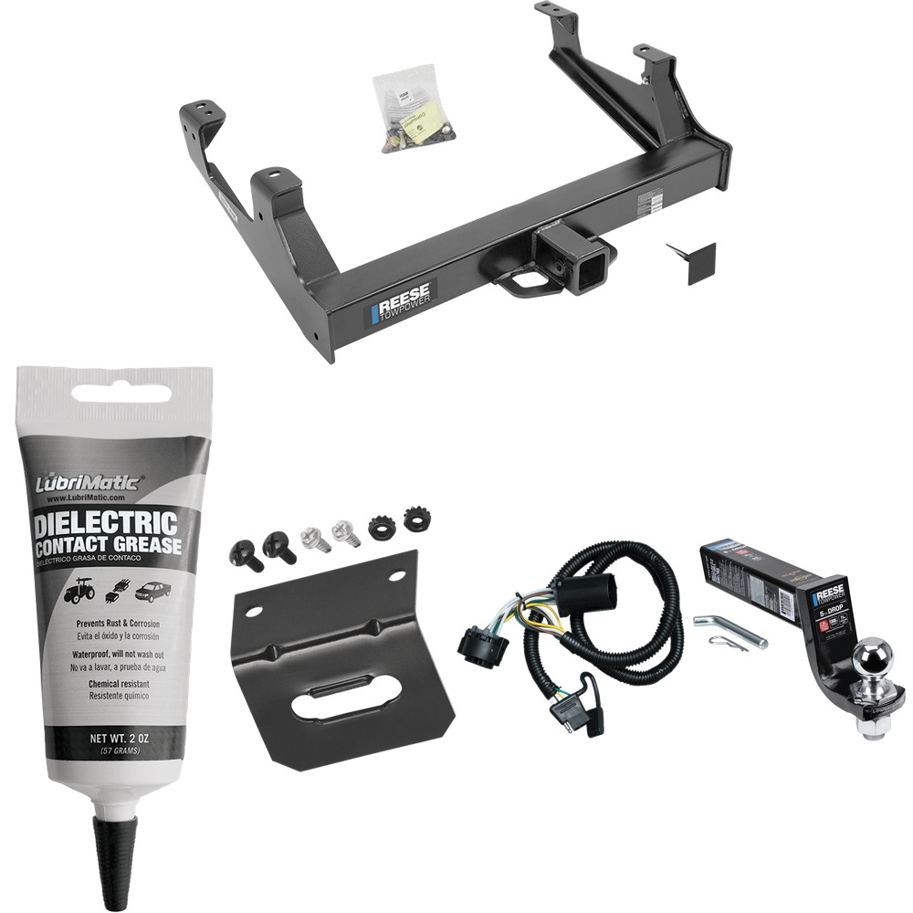 Fits 2015-2019 Chevrolet Silverado 3500 HD Trailer Hitch Tow PKG w/ 4-Flat Wiring Harness + Interlock Ball Mount Starter Kit 5" Drop w/ 2" Ball + Wiring Bracket + Electric Grease By Reese Towpower