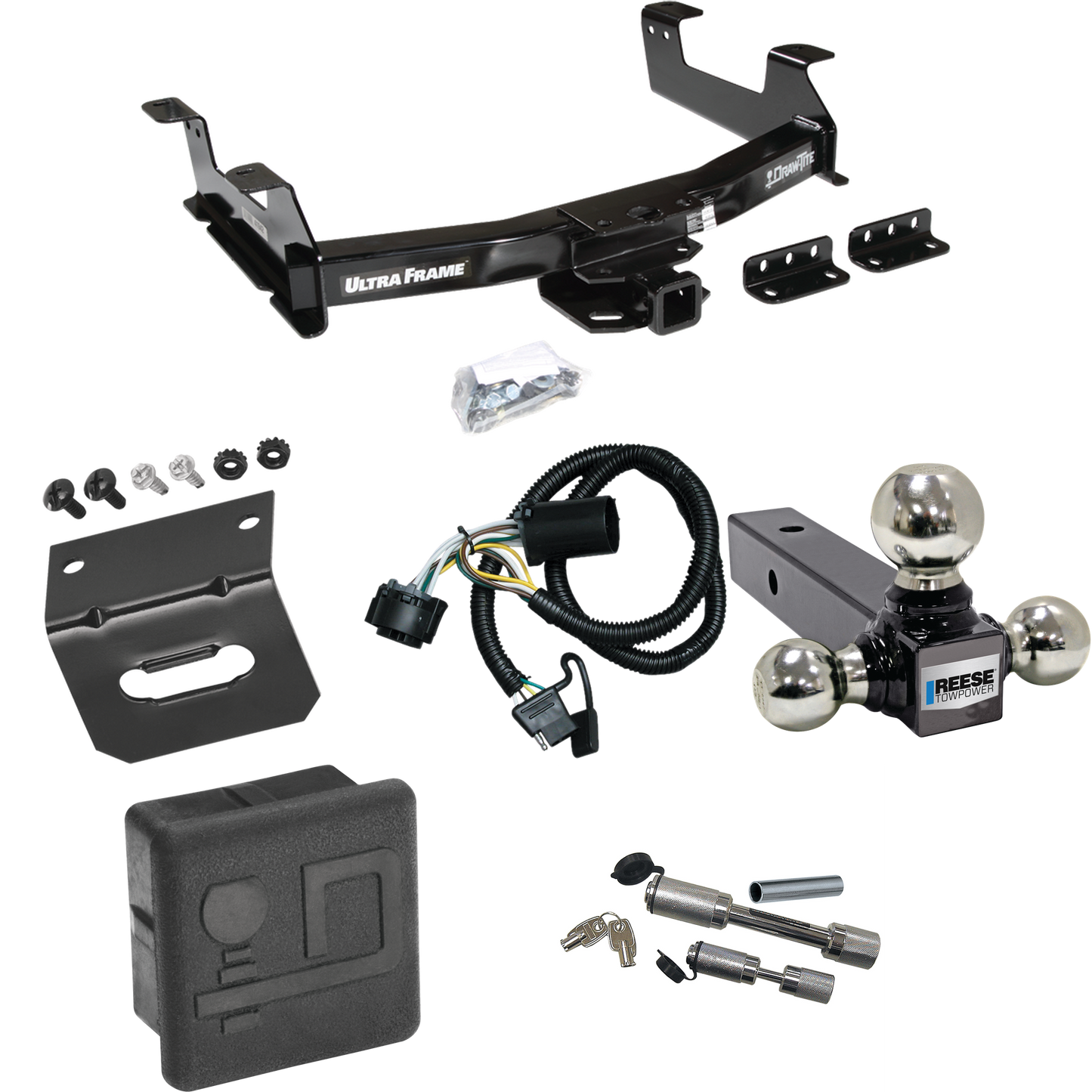 Fits 2011-2014 GMC Sierra 2500 HD Trailer Hitch Tow PKG w/ 4-Flat Wiring Harness + Triple Ball Ball Mount 1-7/8" & 2" & 2-5/16" Trailer Balls + Dual Hitch & Coupler Locks + Hitch Cover + Wiring Bracket By Draw-Tite