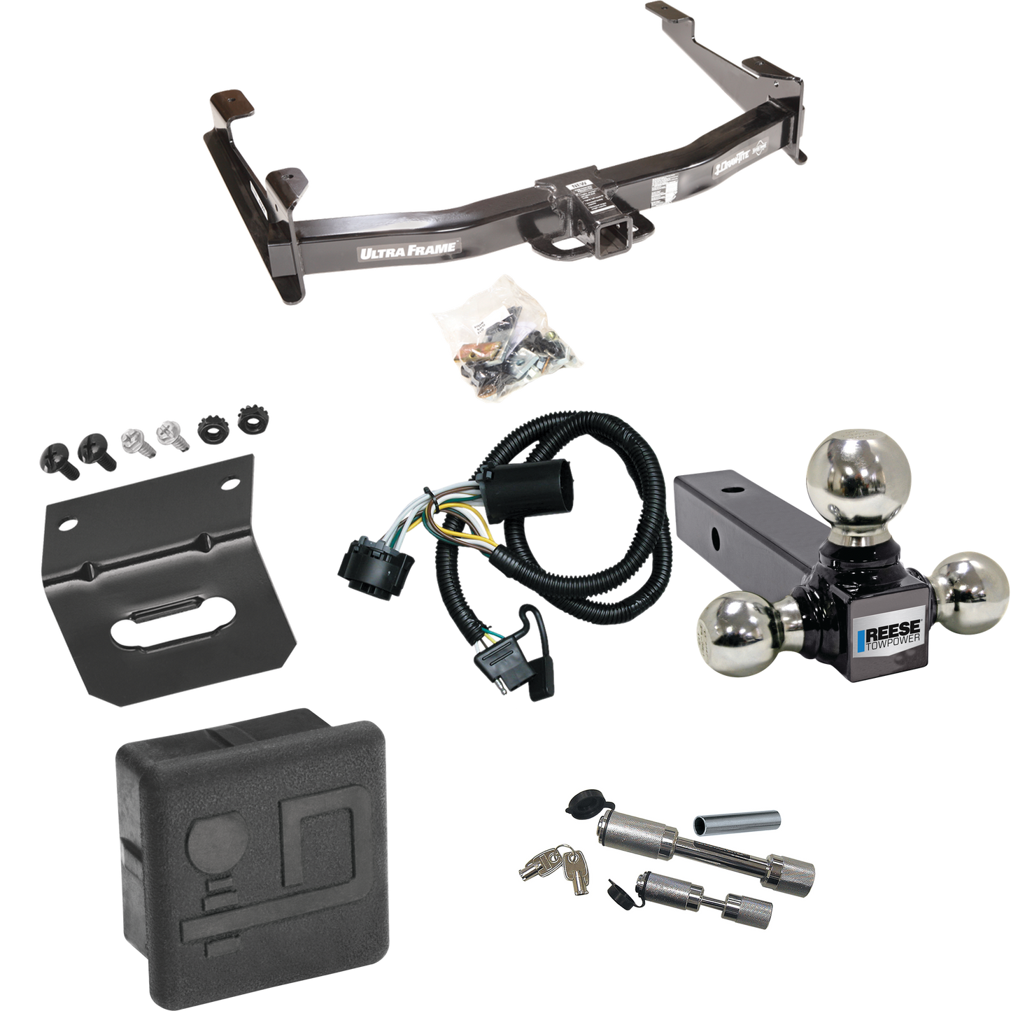 Fits 2007-2010 GMC Sierra 3500 HD Trailer Hitch Tow PKG w/ 4-Flat Wiring Harness + Triple Ball Ball Mount 1-7/8" & 2" & 2-5/16" Trailer Balls + Dual Hitch & Coupler Locks + Hitch Cover + Wiring Bracket By Draw-Tite