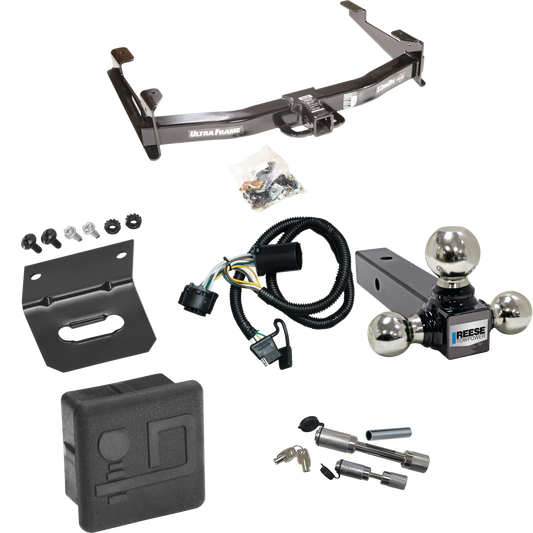 Fits 2007-2010 GMC Sierra 3500 HD Trailer Hitch Tow PKG w/ 4-Flat Wiring Harness + Triple Ball Ball Mount 1-7/8" & 2" & 2-5/16" Trailer Balls + Dual Hitch & Coupler Locks + Hitch Cover + Wiring Bracket By Draw-Tite