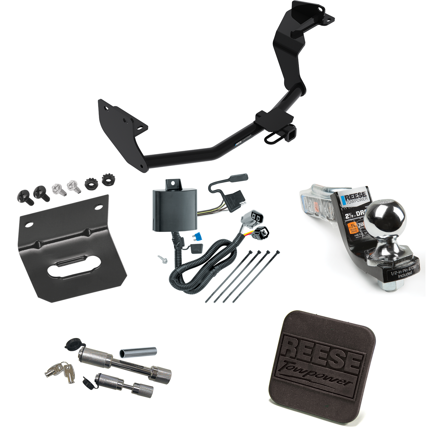 Fits 2016-2020 KIA Sorento Trailer Hitch Tow PKG w/ 4-Flat Wiring Harness + Interlock Starter Kit w/ 2" Ball 2-1/2" Drop 2" Rise + Wiring Bracket + Hitch Cover + Dual Hitch & Coupler Locks (For w/V6 Engine Models) By Reese Towpower