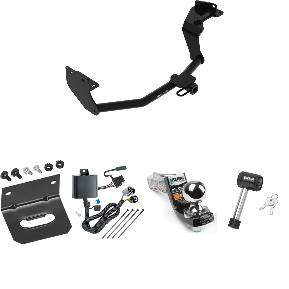 Fits 2016-2020 KIA Sorento Trailer Hitch Tow PKG w/ 4-Flat Wiring Harness + Interlock Starter Kit w/ 2" Ball 2-1/2" Drop 2" Rise + Wiring Bracket + Hitch Lock (For w/V6 Engine Models) By Reese Towpower