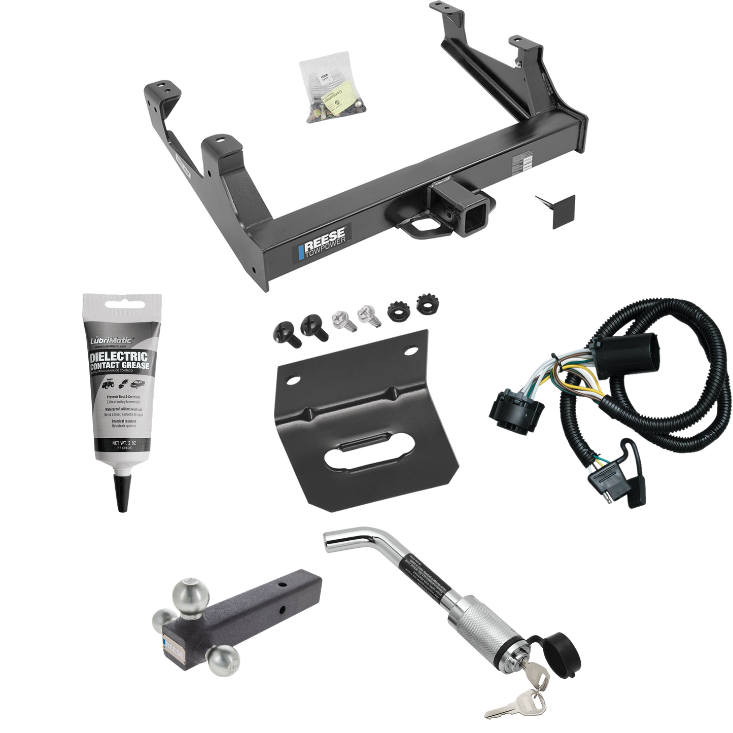 Fits 2015-2019 Chevrolet Silverado 2500 HD Trailer Hitch Tow PKG w/ 4-Flat Wiring Harness + Triple Ball Ball Mount 1-7/8" & 2" & 2-5/16" Trailer Balls + Hitch Lock + Wiring Bracket + Electric Grease By Reese Towpower