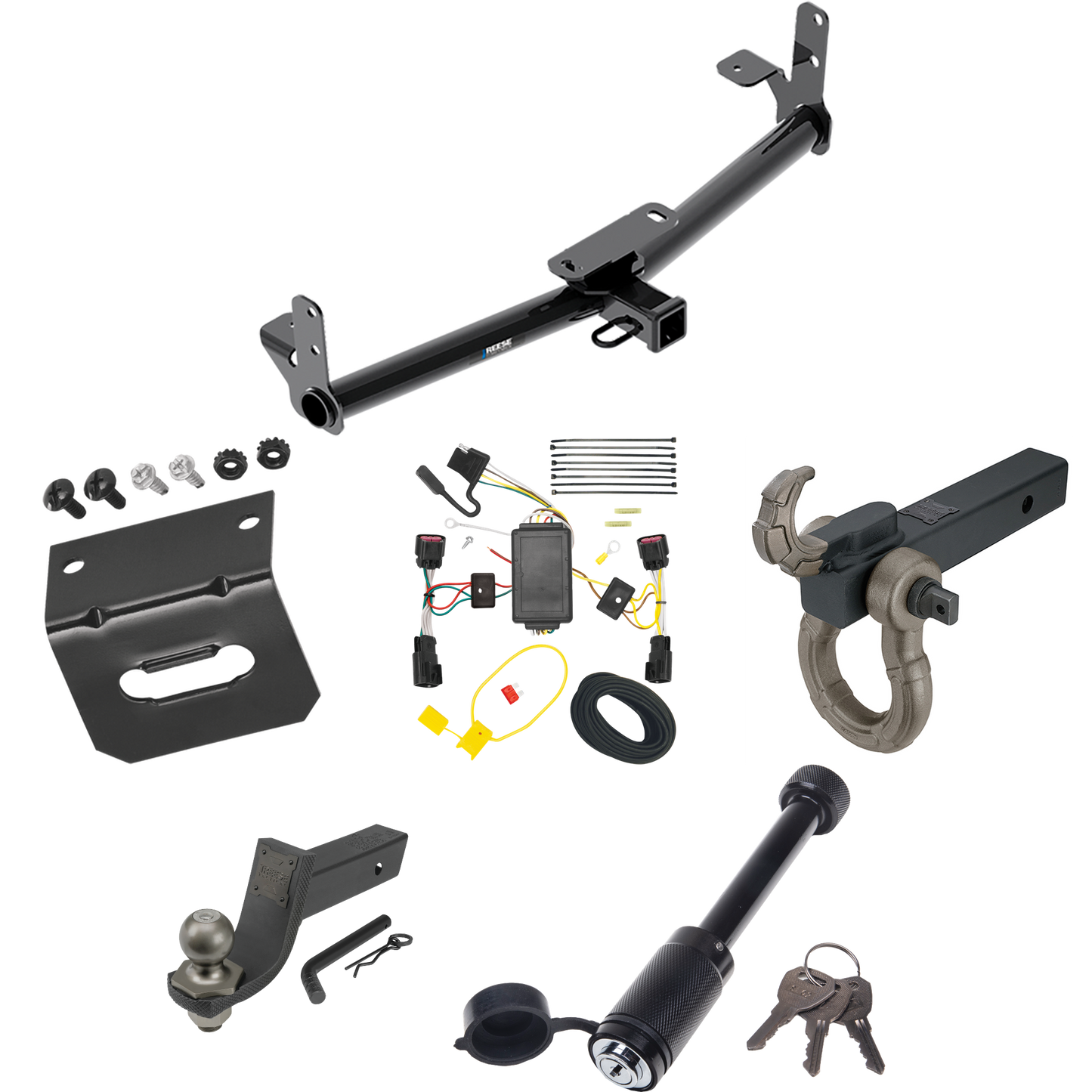 Fits 2010-2017 GMC Terrain Trailer Hitch Tow PKG w/ 4-Flat Wiring + Interlock Tactical Starter Kit w/ 3-1/4" Drop & 2" Ball + Tactical Hook & Shackle Mount + Tactical Dogbone Lock + Wiring Bracket By Reese Towpower