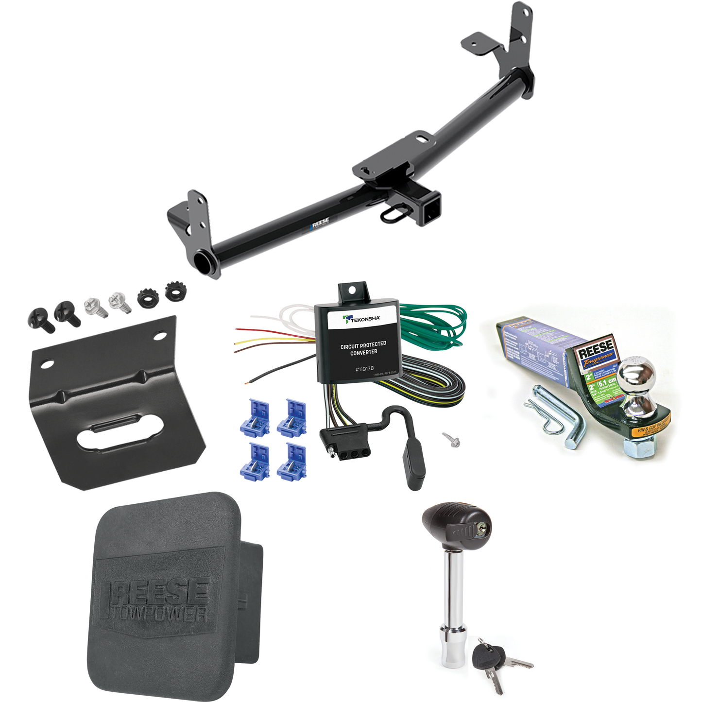 Fits 2007-2009 Chevrolet Equinox Trailer Hitch Tow PKG w/ 4-Flat Wiring + Starter Kit Ball Mount w/ 2" Drop & 1-7/8" Ball + Wiring Bracket + Hitch Lock + Hitch Cover By Reese Towpower