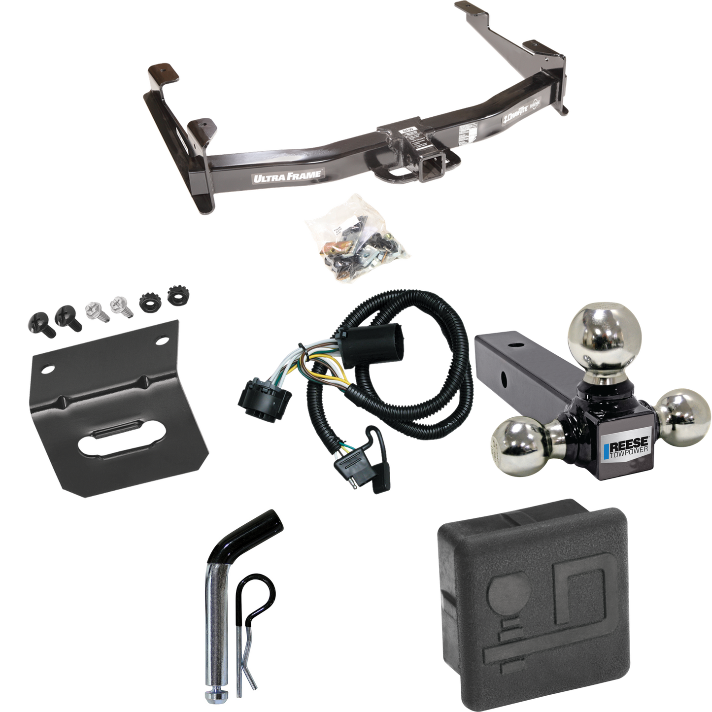 Fits 2007-2010 GMC Sierra 3500 HD Trailer Hitch Tow PKG w/ 4-Flat Wiring Harness + Triple Ball Ball Mount 1-7/8" & 2" & 2-5/16" Trailer Balls + Pin/Clip + Hitch Cover + Wiring Bracket By Draw-Tite