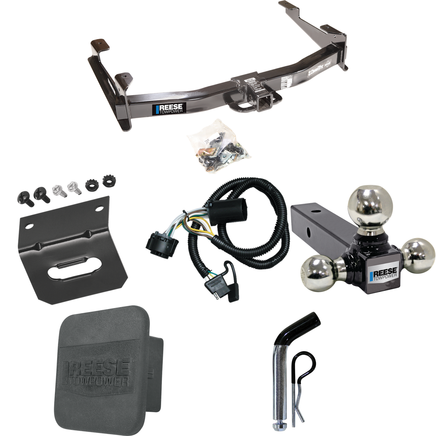 Fits 2007-2010 GMC Sierra 3500 HD Trailer Hitch Tow PKG w/ 4-Flat Wiring Harness + Triple Ball Ball Mount 1-7/8" & 2" & 2-5/16" Trailer Balls + Pin/Clip + Hitch Cover + Wiring Bracket By Reese Towpower