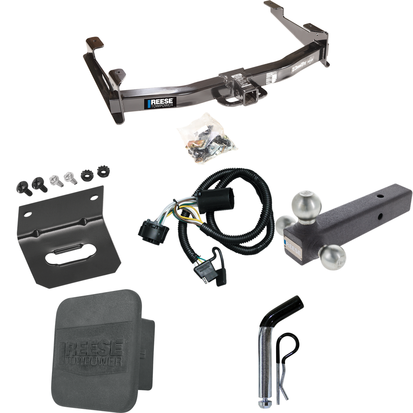 Fits 2007-2010 GMC Sierra 3500 HD Trailer Hitch Tow PKG w/ 4-Flat Wiring Harness + Triple Ball Ball Mount 1-7/8" & 2" & 2-5/16" Trailer Balls + Pin/Clip + Hitch Cover + Wiring Bracket By Reese Towpower