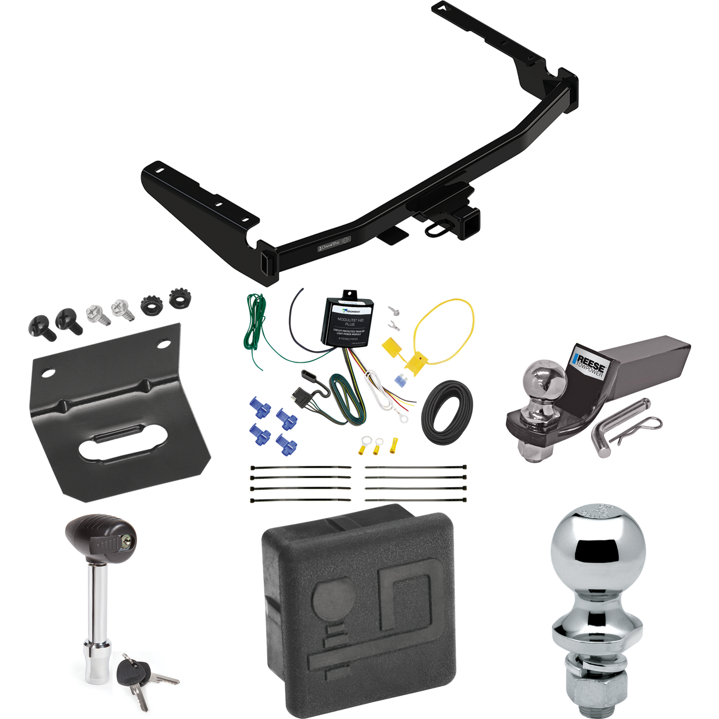 Fits 2022-2022 Lexus RX350L Trailer Hitch Tow PKG w/ 4-Flat Wiring + Starter Kit Ball Mount w/ 2" Drop & 2" Ball + 1-7/8" Ball + Wiring Bracket + Hitch Lock + Hitch Cover (Excludes: w/Twin-Tip Exhaust Models) By Draw-Tite