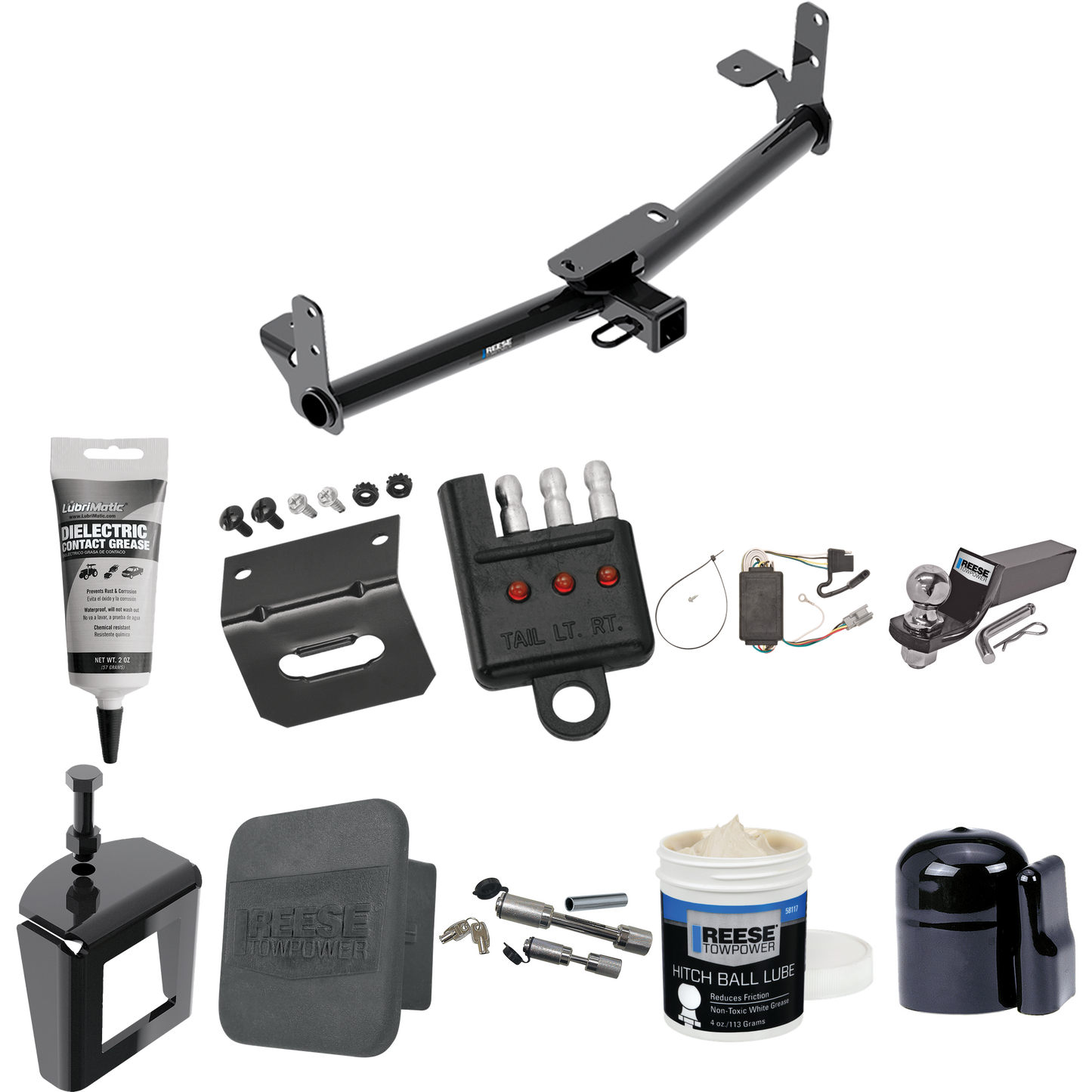 Fits 2005-2006 Chevrolet Equinox Trailer Hitch Tow PKG w/ 4-Flat Wiring + Starter Kit Ball Mount w/ 2" Drop & 2" Ball + 1-7/8" Ball + Wiring Bracket + Dual Hitch & Coupler Locks + Hitch Cover + Wiring Tester + Ball Lube + Electric Grease + Ball Wrenc