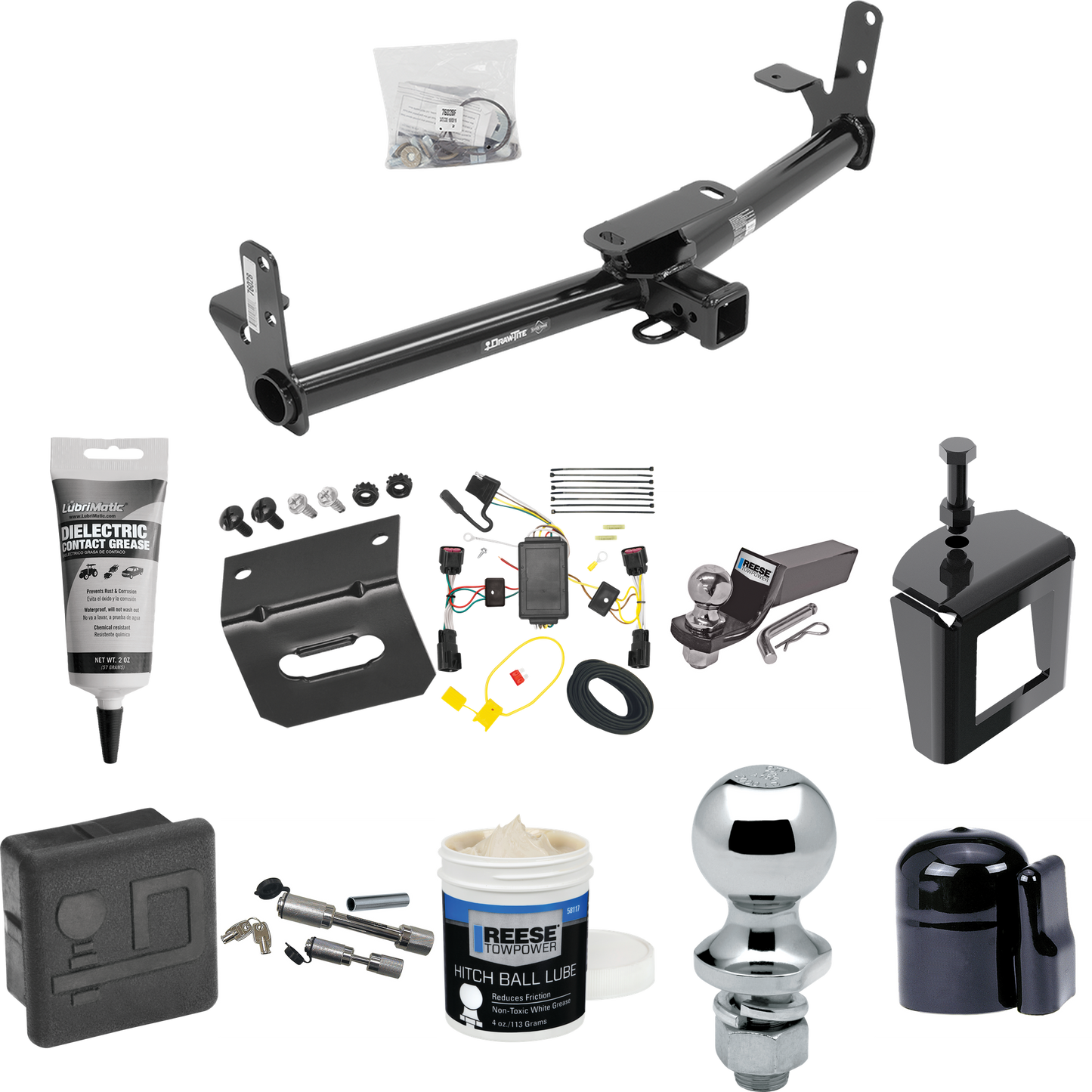 Fits 2010-2017 Chevrolet Equinox Trailer Hitch Tow PKG w/ 4-Flat Wiring + Starter Kit Ball Mount w/ 2" Drop & 2" Ball + 1-7/8" Ball + Wiring Bracket + Dual Hitch & Coupler Locks + Hitch Cover + Wiring Tester + Ball Lube +Electric Grease + Ball Wrench