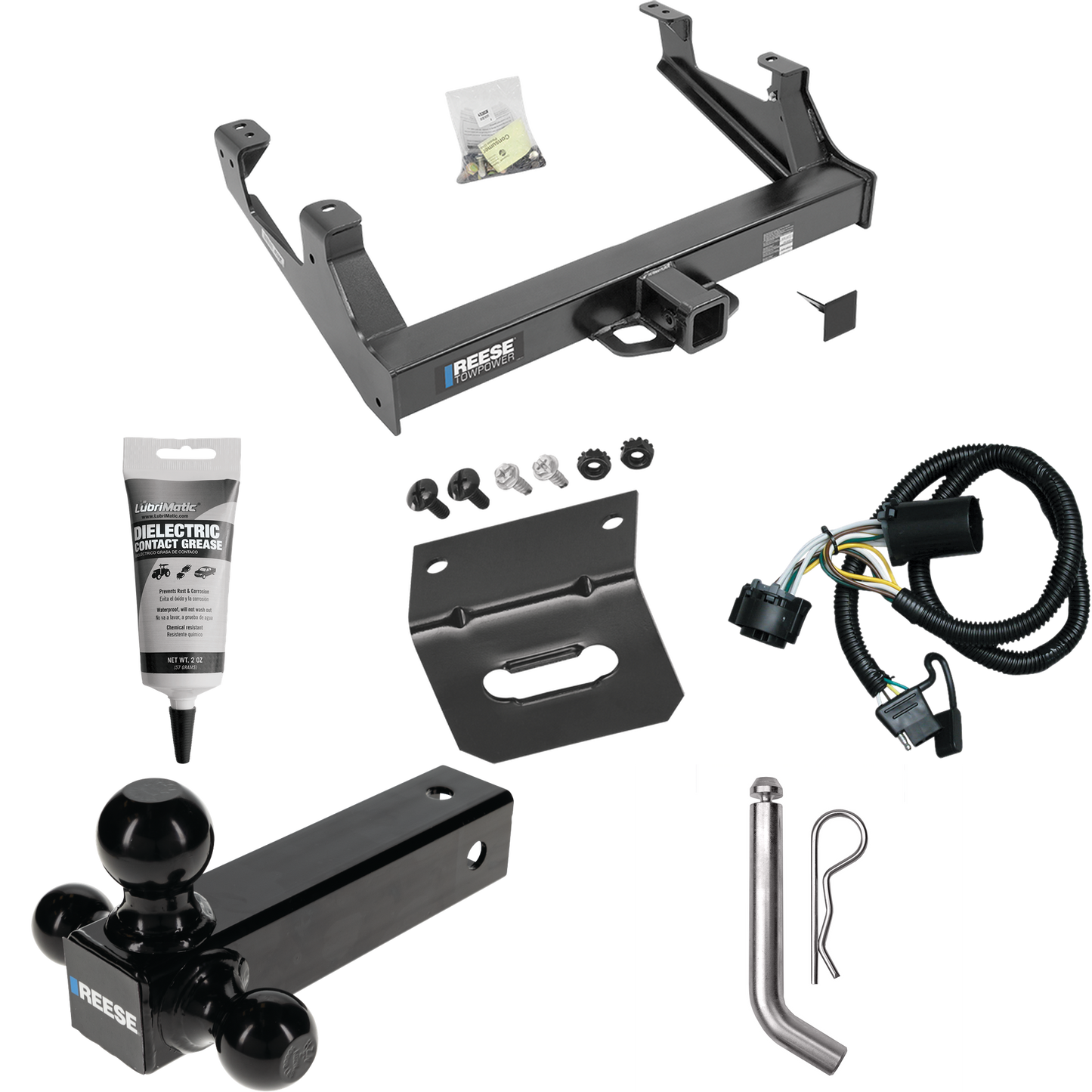 Fits 2015-2019 Chevrolet Silverado 2500 HD Trailer Hitch Tow PKG w/ 4-Flat Wiring Harness + Triple Ball Ball Mount 1-7/8" & 2" & 2-5/16" Trailer Balls + Pin/Clip + Wiring Bracket + Electric Grease By Reese Towpower