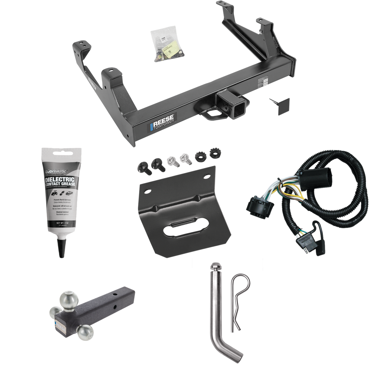 Fits 2015-2019 Chevrolet Silverado 3500 HD Trailer Hitch Tow PKG w/ 4-Flat Wiring Harness + Triple Ball Ball Mount 1-7/8" & 2" & 2-5/16" Trailer Balls + Pin/Clip + Wiring Bracket + Electric Grease By Reese Towpower