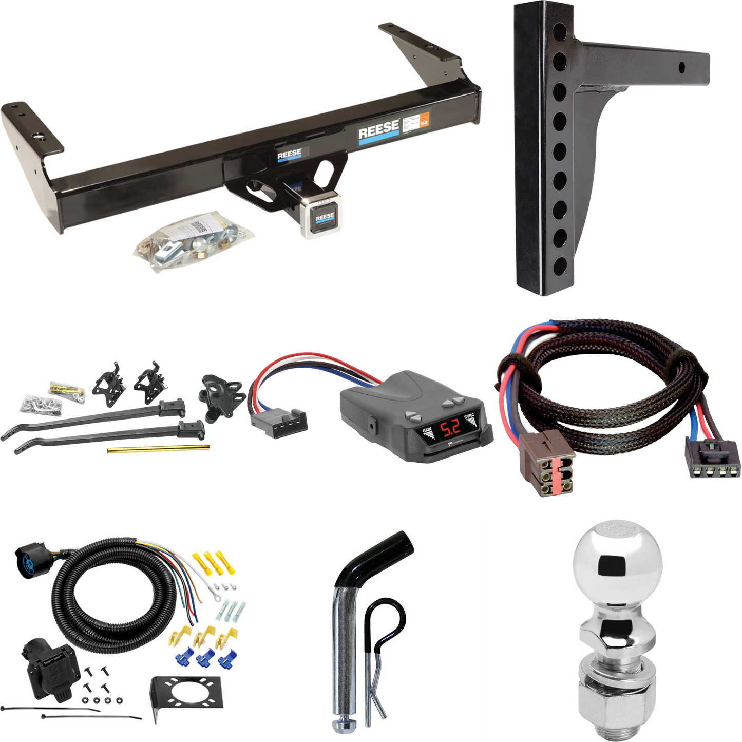 Fits 1994-1996 Ford F-150 Trailer Hitch Tow PKG w/ 12K Trunnion Bar Weight Distribution Hitch + Pin/Clip + 2-5/16" Ball + Tekonsha Brakeman IV Brake Control + Plug & Play BC Adapter + 7-Way RV Wiring By Reese Towpower