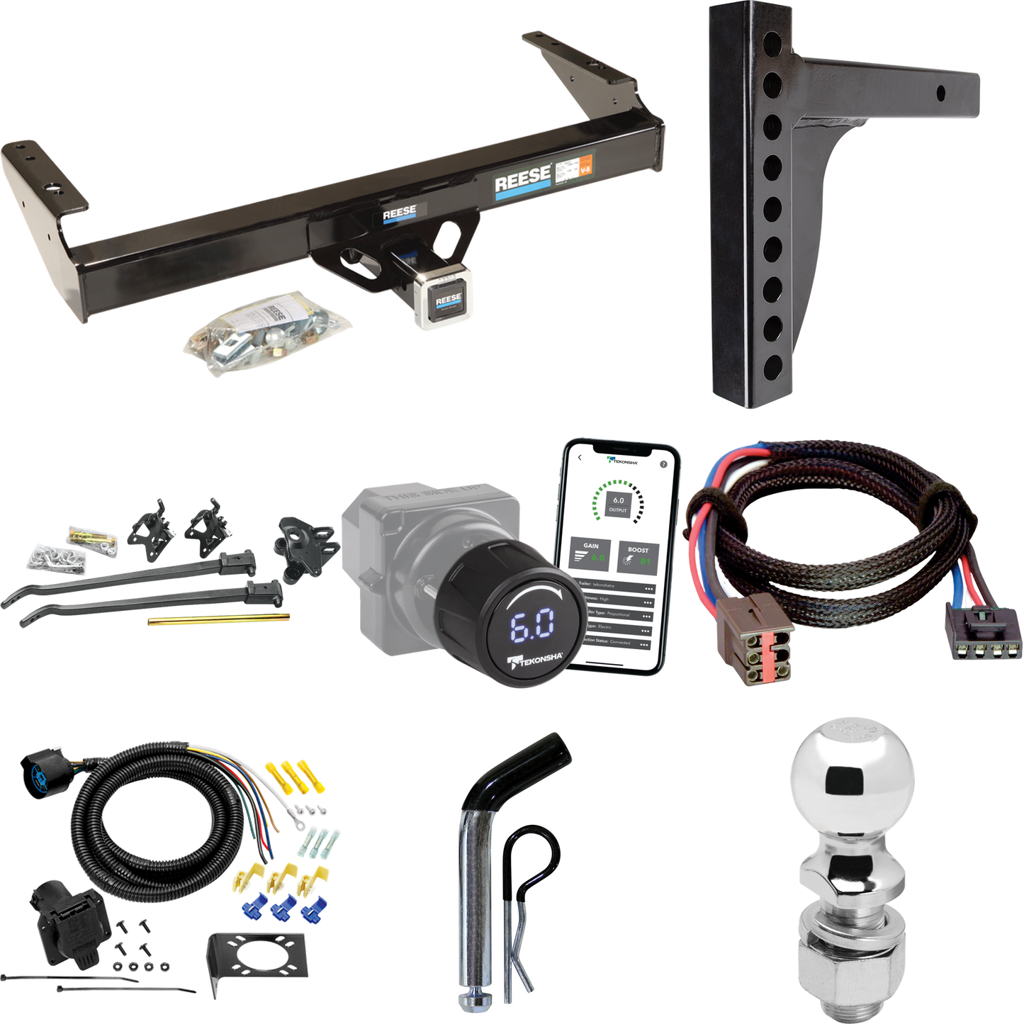 Fits 1994-1996 Ford F-250 Trailer Hitch Tow PKG w/ 12K Trunnion Bar Weight Distribution Hitch + Pin/Clip + 2-5/16" Ball + Tekonsha Prodigy iD Bluetooth Wireless Brake Control + Plug & Play BC Adapter + 7-Way RV Wiring By Reese Towpower