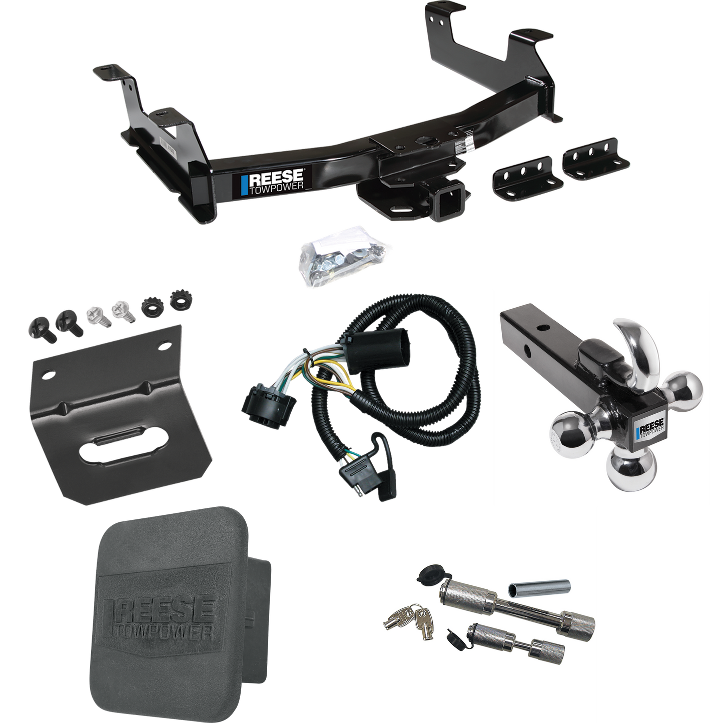 Fits 2011-2014 Chevrolet Silverado 3500 HD Trailer Hitch Tow PKG w/ 4-Flat Wiring Harness + Triple Ball Ball Mount 1-7/8" & 2" & 2-5/16" Trailer Balls w/ Tow Hook + Dual Hitch & Coupler Locks + Hitch Cover + Wiring Bracket By Reese Towpower