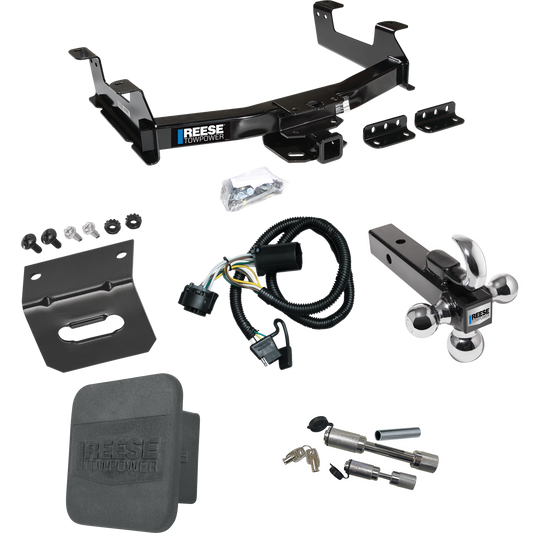 Fits 2011-2014 Chevrolet Silverado 3500 HD Trailer Hitch Tow PKG w/ 4-Flat Wiring Harness + Triple Ball Ball Mount 1-7/8" & 2" & 2-5/16" Trailer Balls w/ Tow Hook + Dual Hitch & Coupler Locks + Hitch Cover + Wiring Bracket By Reese Towpower