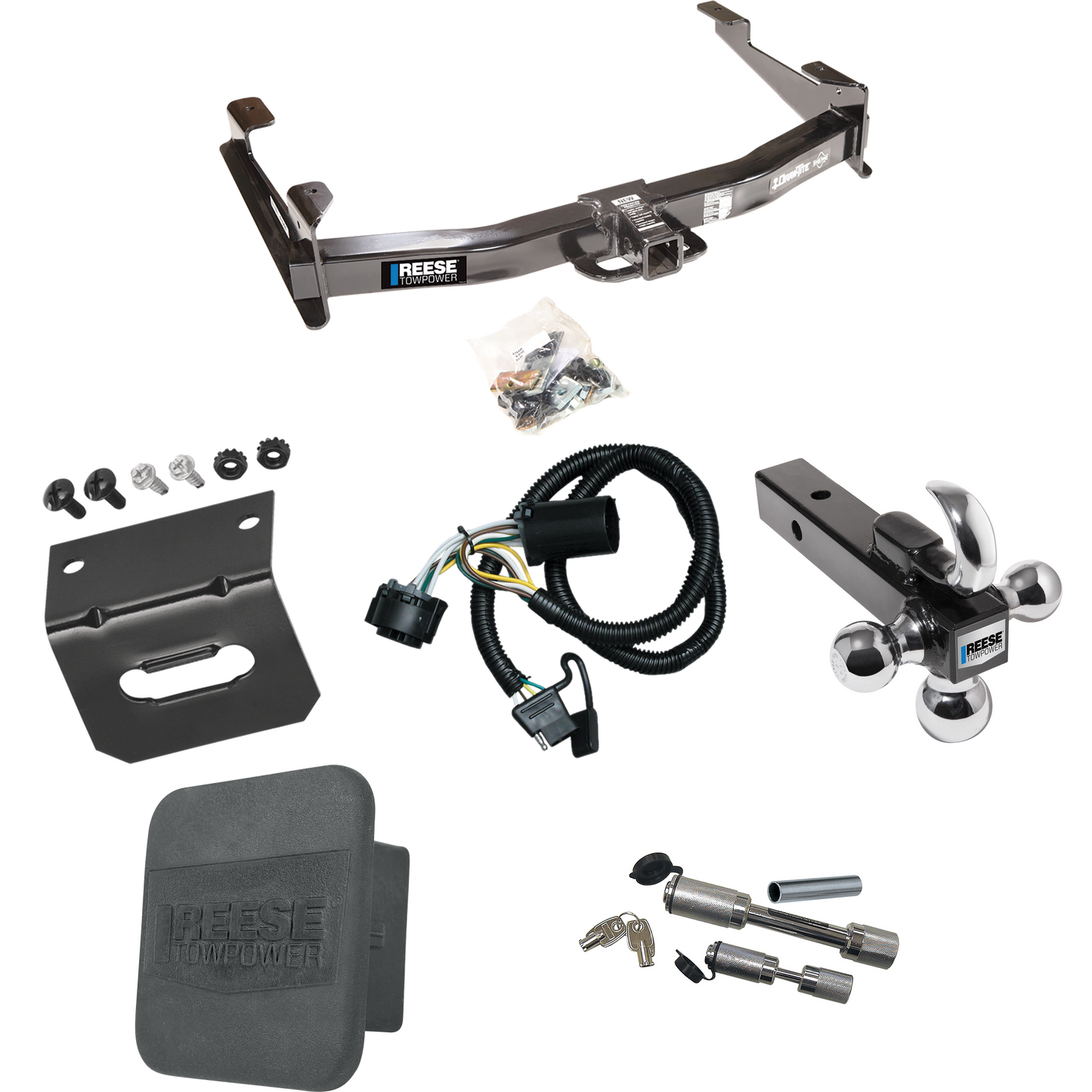 Fits 2007-2010 GMC Sierra 2500 HD Trailer Hitch Tow PKG w/ 4-Flat Wiring Harness + Triple Ball Ball Mount 1-7/8" & 2" & 2-5/16" Trailer Balls w/ Tow Hook + Dual Hitch & Coupler Locks + Hitch Cover + Wiring Bracket By Reese Towpower