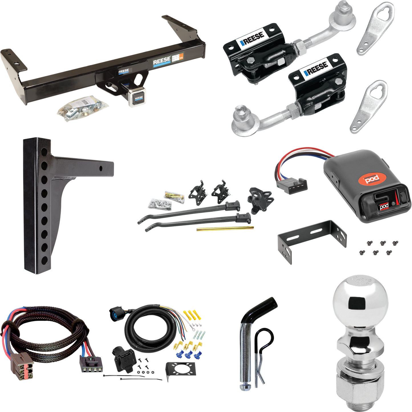 Fits 1997-1997 Ford F-250 HD Trailer Hitch Tow PKG w/ 12K Trunnion Bar Weight Distribution Hitch + Pin/Clip + Dual Cam Sway Control + 2-5/16" Ball + Pro Series POD Brake Control + Plug & Play BC Adapter + 7-Way RV Wiring By Reese Towpower