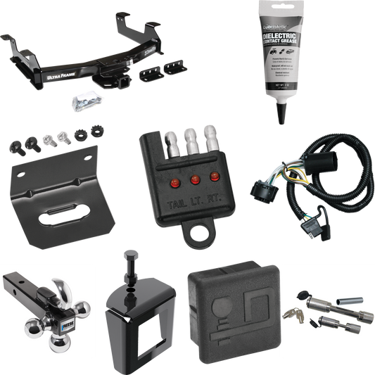 Fits 2011-2014 GMC Sierra 3500 HD Trailer Hitch Tow PKG w/ 4-Flat Wiring Harness + Triple Ball Ball Mount 1-7/8" & 2" & 2-5/16" Trailer Balls w/ Tow Hook + Dual Hitch & Coupler Locks + Hitch Cover + Wiring Bracket + Wiring Tester + Electric Grease +