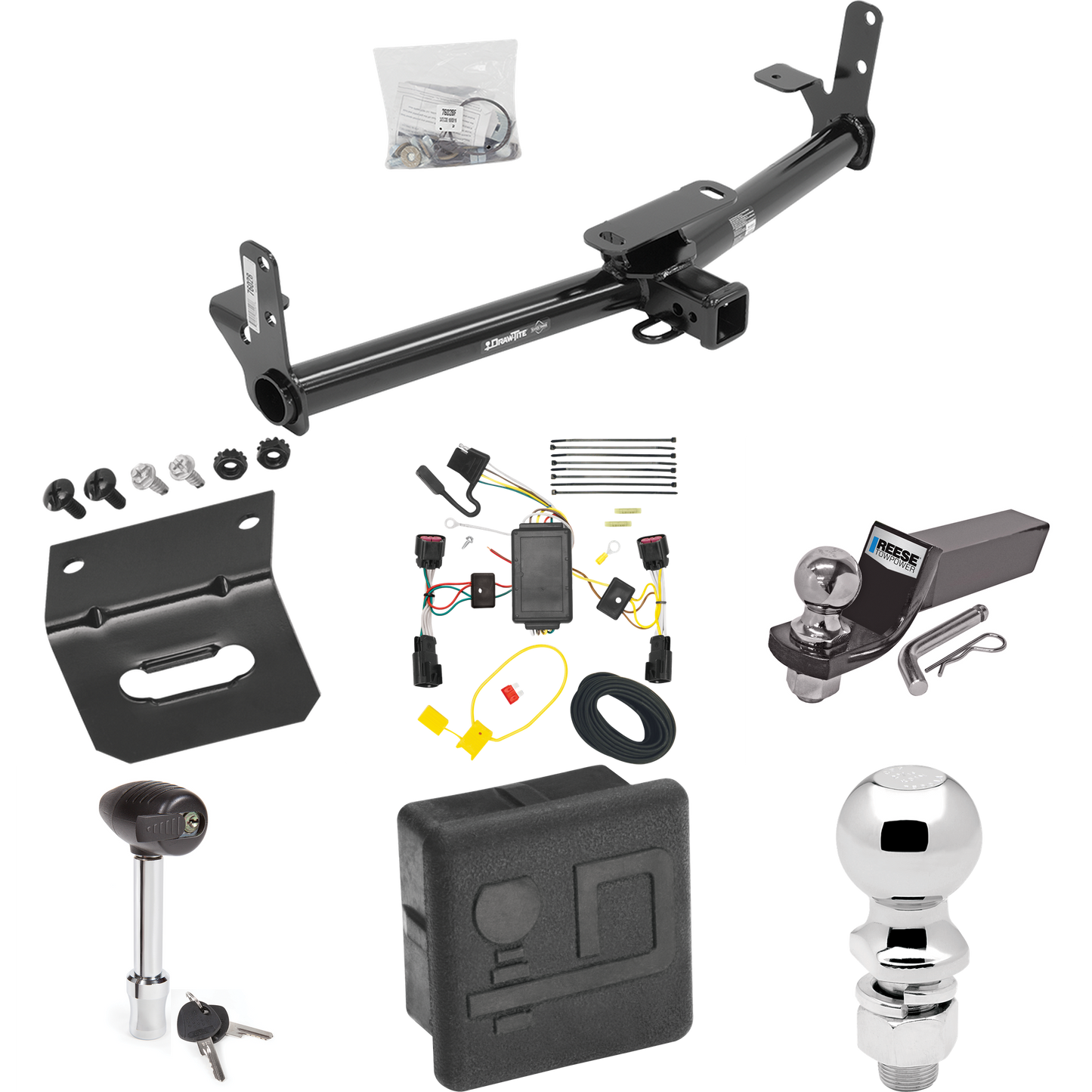 Fits 2010-2017 GMC Terrain Trailer Hitch Tow PKG w/ 4-Flat Wiring + Starter Kit Ball Mount w/ 2" Drop & 2" Ball + 2-5/16" Ball + Wiring Bracket + Hitch Lock + Hitch Cover By Draw-Tite