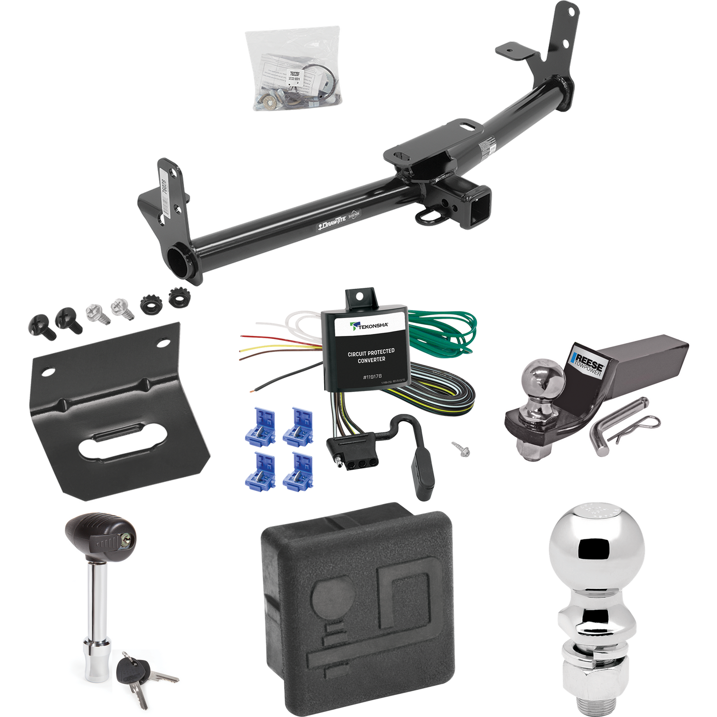 Fits 2007-2009 Chevrolet Equinox Trailer Hitch Tow PKG w/ 4-Flat Wiring + Starter Kit Ball Mount w/ 2" Drop & 2" Ball + 2-5/16" Ball + Wiring Bracket + Hitch Lock + Hitch Cover By Draw-Tite