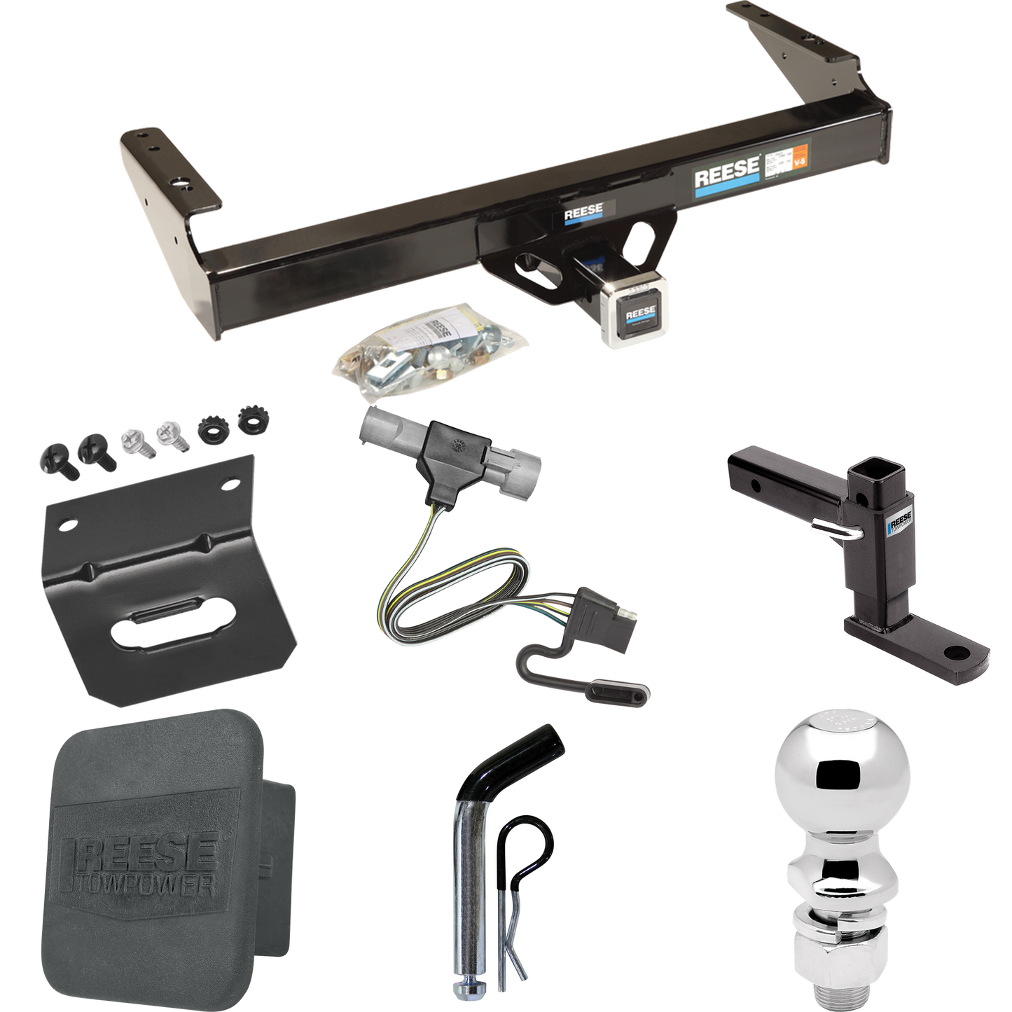 Fits 1997-1997 Ford F-350 Trailer Hitch Tow PKG w/ 4-Flat Wiring + Adjustable Drop Rise Ball Mount + Pin/Clip + 2-5/16" Ball + Wiring Bracket + Hitch Cover (For Heavy Duty Models) By Reese Towpower