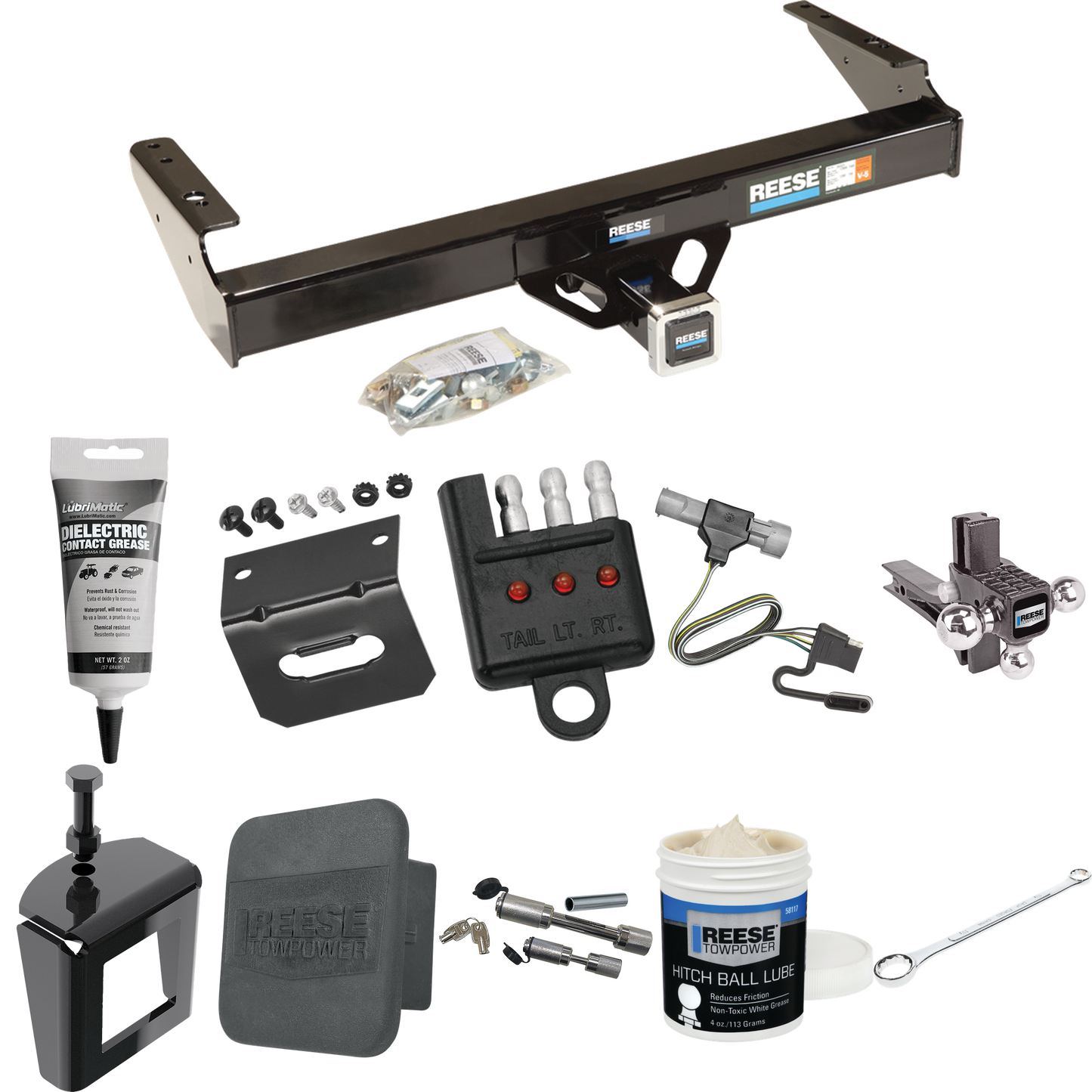 Fits 1987-1996 Ford F-250 Trailer Hitch Tow PKG w/ 4-Flat Wiring + Adjustable Drop Rise Triple Ball Ball Mount 1-7/8" & 2" & 2-5/16" Trailer Balls + Wiring Bracket + Hitch Cover + Dual Hitch & Coupler Locks + Wiring Tester + Ball Lube + Electric Grea