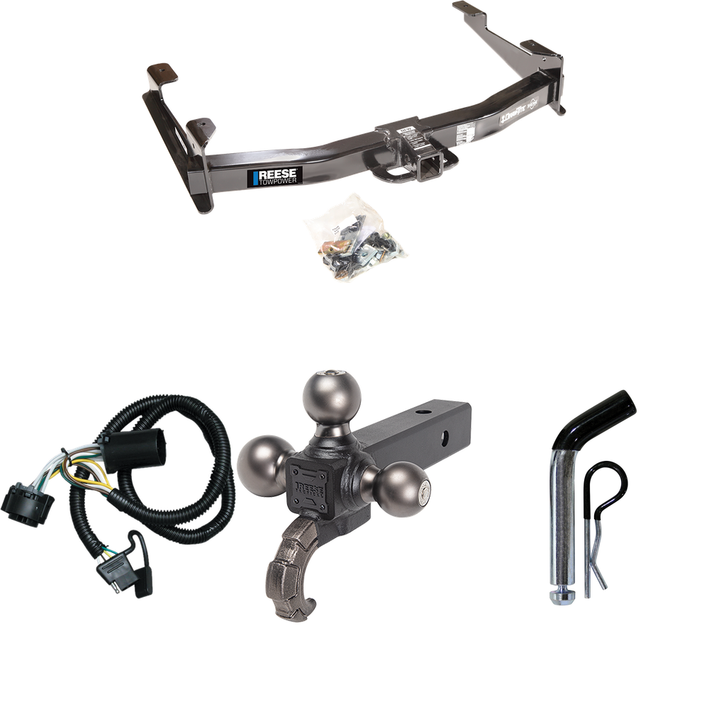 Fits 2007-2010 GMC Sierra 3500 HD Trailer Hitch Tow PKG w/ 4-Flat Wiring Harness + Triple Ball Ball Mount 1-7/8" & 2" & 2-5/16" Trailer Balls w/ Tow Hook + Pin/Clip By Reese Towpower