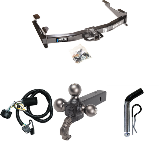 Fits 2007-2010 GMC Sierra 3500 HD Trailer Hitch Tow PKG w/ 4-Flat Wiring Harness + Triple Ball Ball Mount 1-7/8" & 2" & 2-5/16" Trailer Balls w/ Tow Hook + Pin/Clip By Reese Towpower