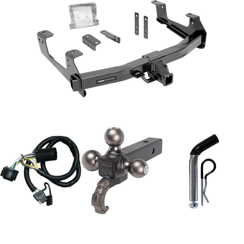 Fits 2015-2019 Chevrolet Silverado 2500 HD Trailer Hitch Tow PKG w/ 4-Flat Wiring Harness + Triple Ball Ball Mount 1-7/8" & 2" & 2-5/16" Trailer Balls w/ Tow Hook + Pin/Clip By Reese Towpower