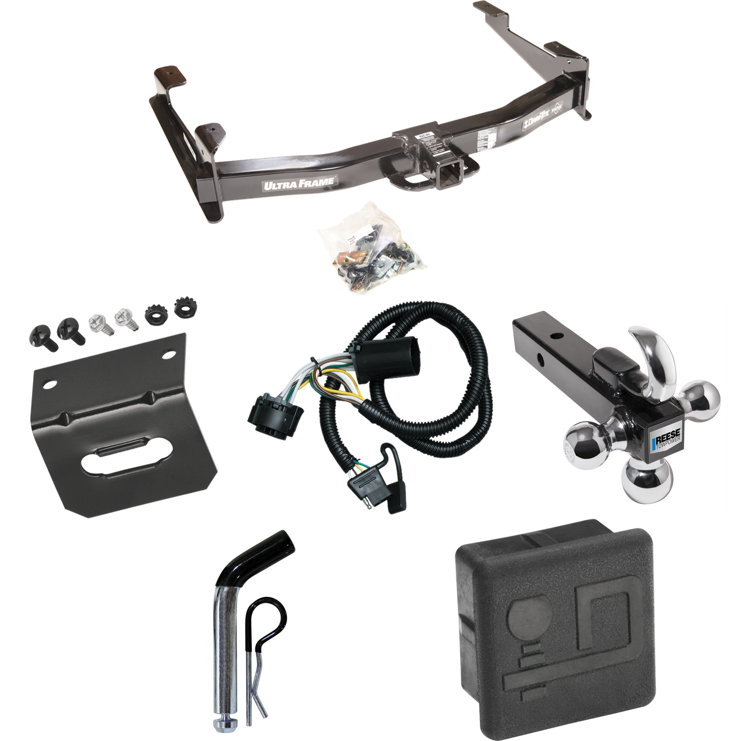 Fits 2007-2010 Chevrolet Silverado 3500 HD Trailer Hitch Tow PKG w/ 4-Flat Wiring Harness + Triple Ball Ball Mount 1-7/8" & 2" & 2-5/16" Trailer Balls w/ Tow Hook + Pin/Clip + Hitch Cover + Wiring Bracket By Draw-Tite