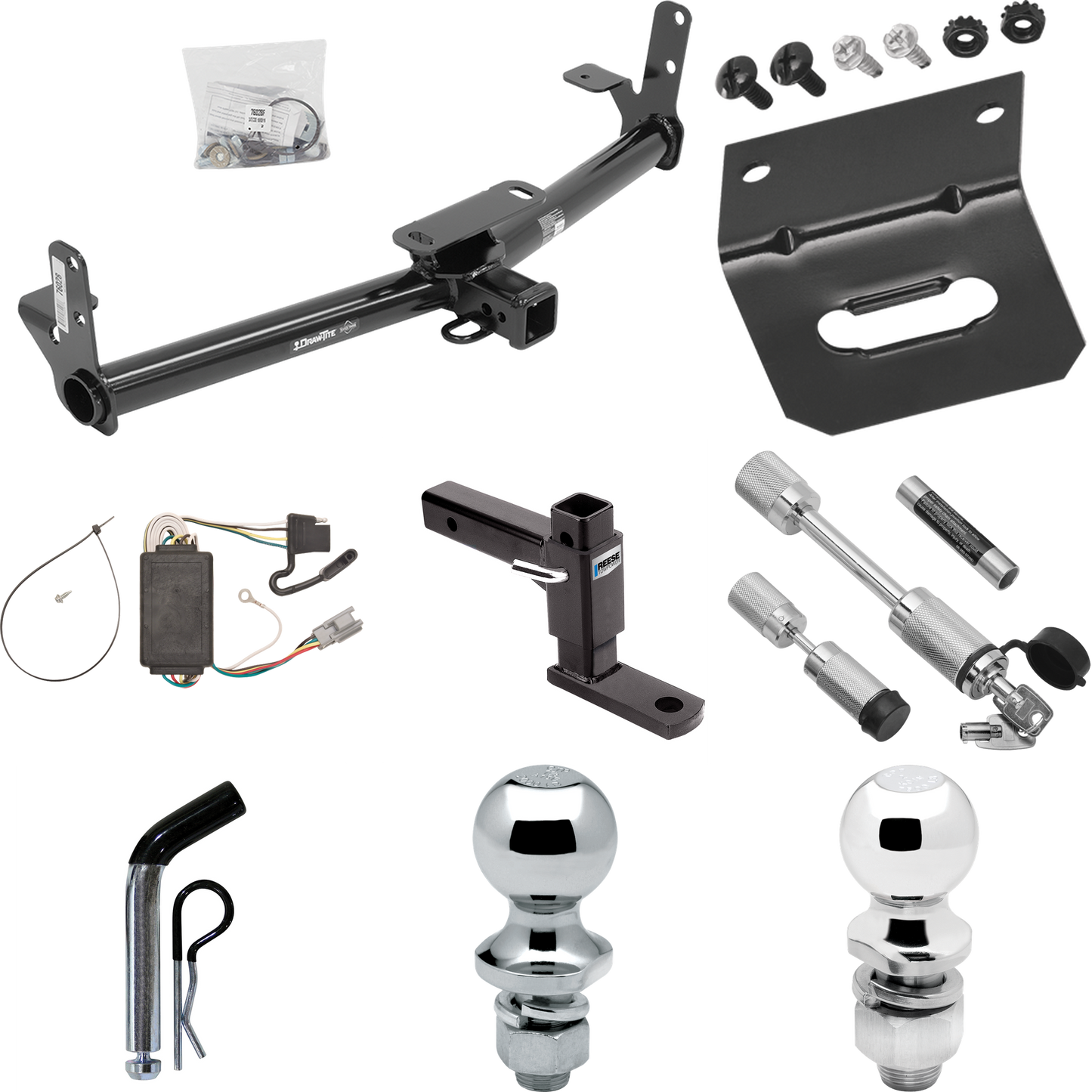 Se adapta al paquete de enganche de remolque Chevrolet Equinox 2005-2006 con arnés de cableado plano de 4 + soporte de bola ajustable + pasador/clip + bola de 2" + bola de 1-7/8" + enganche doble y cerraduras de acoplador de Draw-Tite