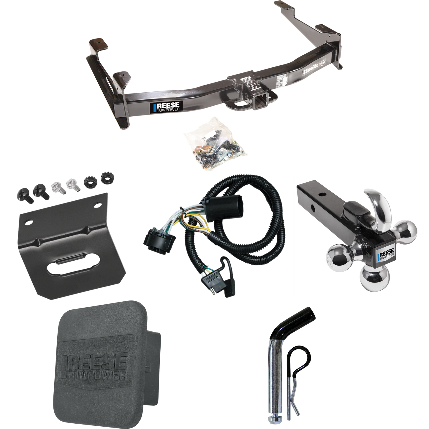 Fits 2007-2010 Chevrolet Silverado 3500 HD Trailer Hitch Tow PKG w/ 4-Flat Wiring Harness + Triple Ball Ball Mount 1-7/8" & 2" & 2-5/16" Trailer Balls w/ Tow Hook + Pin/Clip + Hitch Cover + Wiring Bracket By Reese Towpower