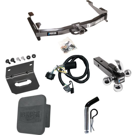 Fits 2007-2010 Chevrolet Silverado 3500 HD Trailer Hitch Tow PKG w/ 4-Flat Wiring Harness + Triple Ball Ball Mount 1-7/8" & 2" & 2-5/16" Trailer Balls w/ Tow Hook + Pin/Clip + Hitch Cover + Wiring Bracket By Reese Towpower