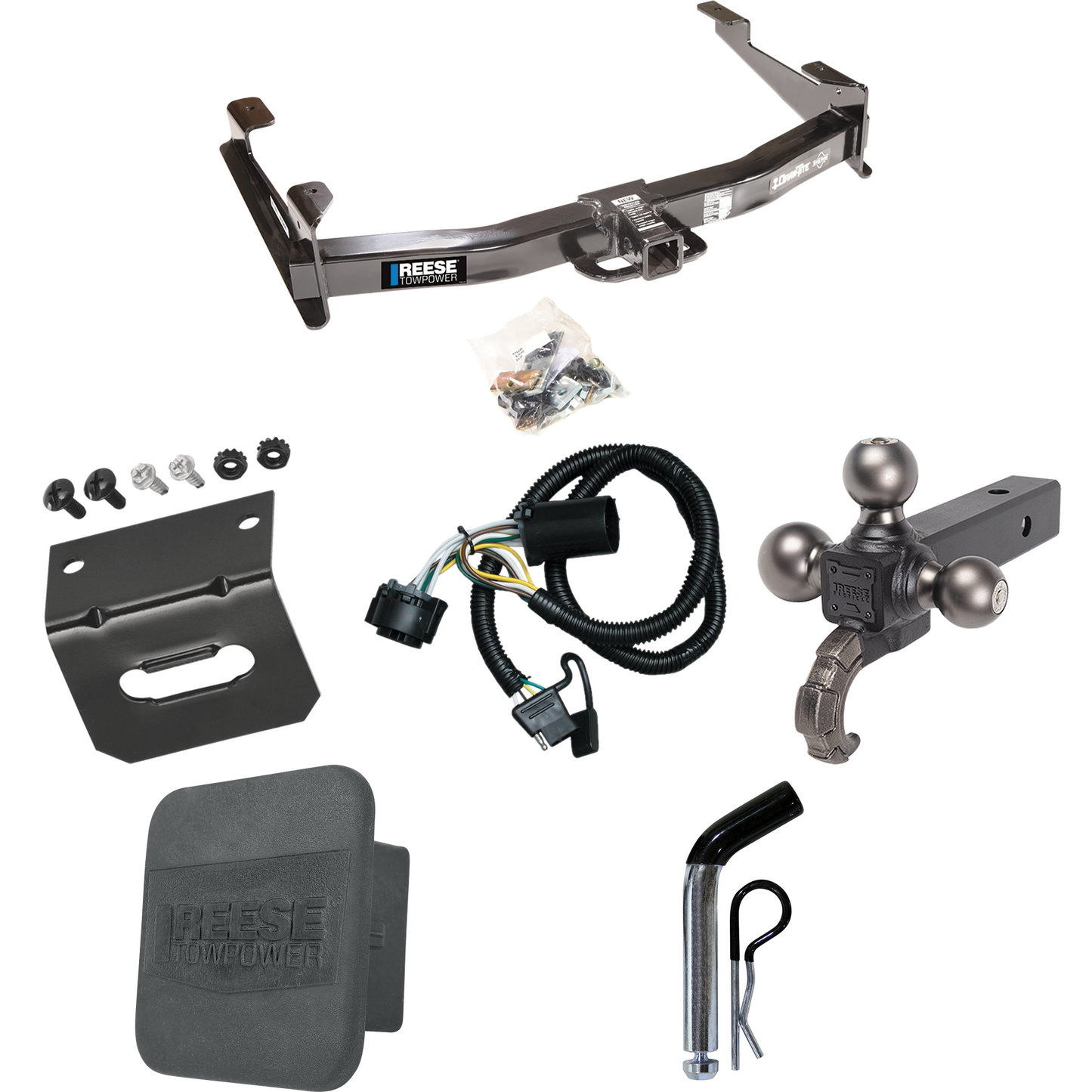 Fits 2007-2010 GMC Sierra 3500 HD Trailer Hitch Tow PKG w/ 4-Flat Wiring Harness + Triple Ball Ball Mount 1-7/8" & 2" & 2-5/16" Trailer Balls w/ Tow Hook + Pin/Clip + Hitch Cover + Wiring Bracket By Reese Towpower