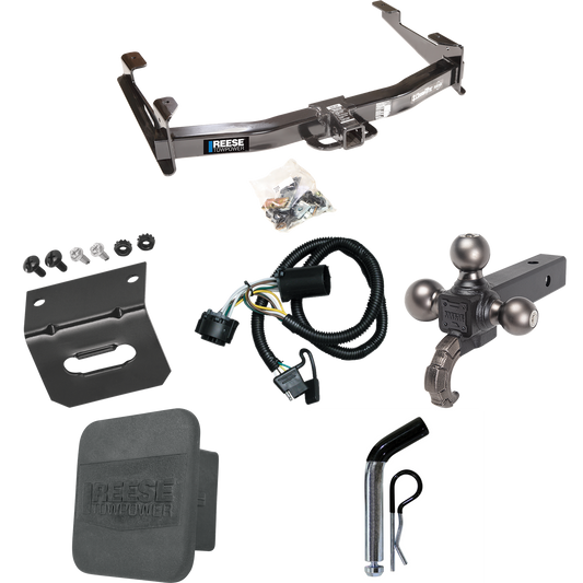 Fits 2007-2010 GMC Sierra 3500 HD Trailer Hitch Tow PKG w/ 4-Flat Wiring Harness + Triple Ball Ball Mount 1-7/8" & 2" & 2-5/16" Trailer Balls w/ Tow Hook + Pin/Clip + Hitch Cover + Wiring Bracket By Reese Towpower