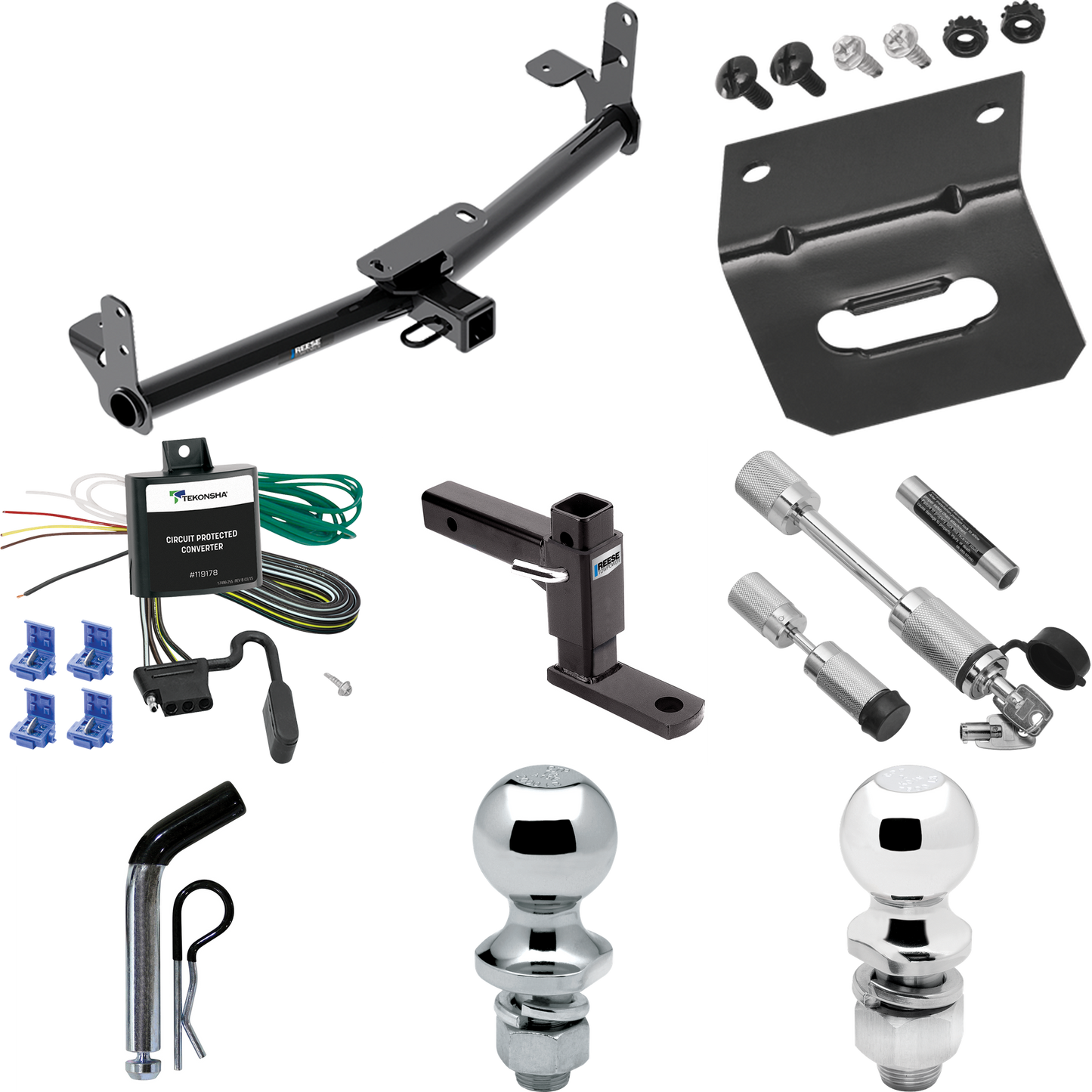 Fits 2007-2009 Pontiac Torrent Trailer Hitch Tow PKG w/ 4-Flat Wiring Harness + Adjustable Drop Rise Ball Mount + Pin/Clip + 2" Ball + 1-7/8" Ball + Dual Hitch & Coupler Locks By Reese Towpower