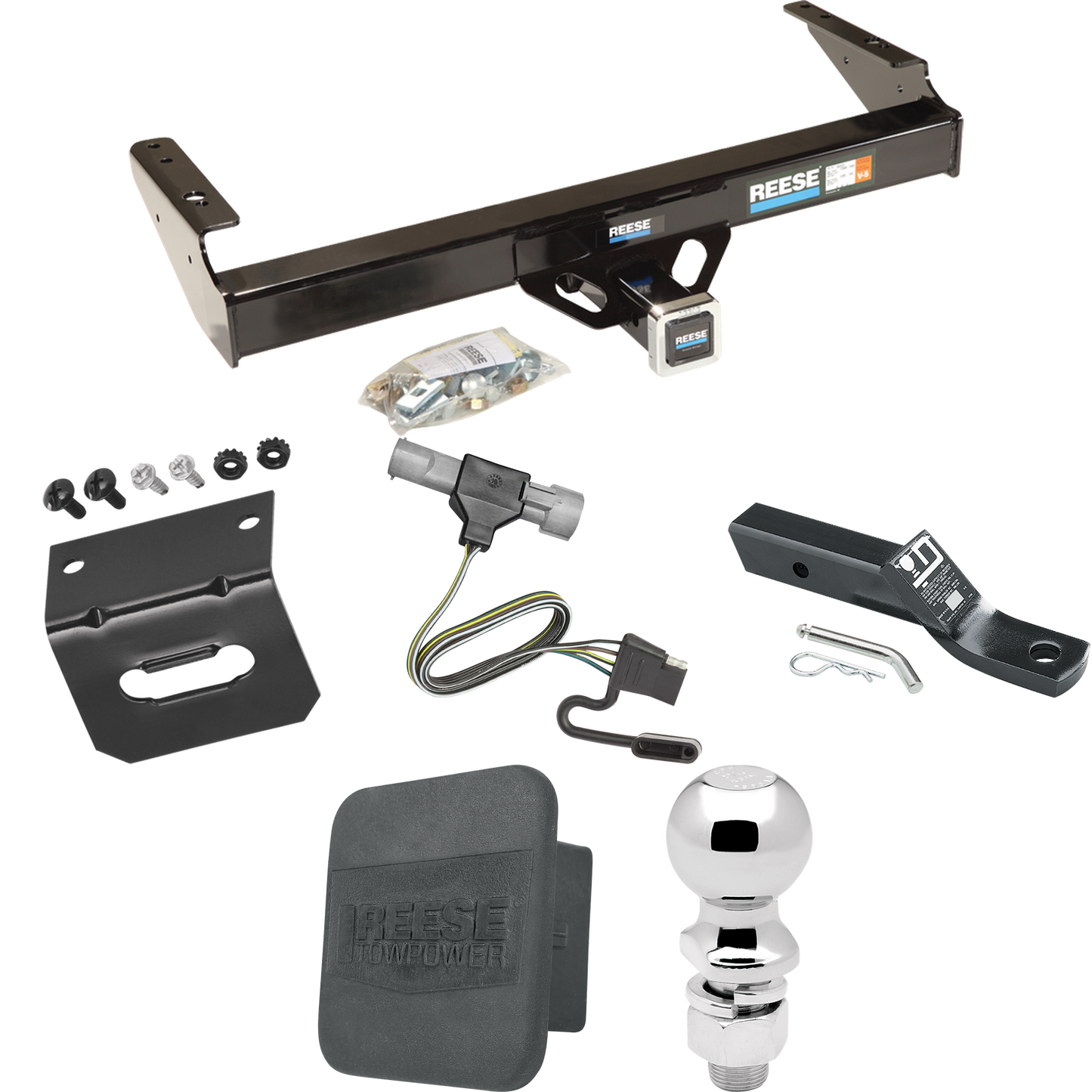 Fits 1987-1996 Ford F-150 Trailer Hitch Tow PKG w/ 4-Flat Wiring + Ball Mount w/ 2" Drop + 2-5/16" Ball + Wiring Bracket + Hitch Cover By Reese Towpower