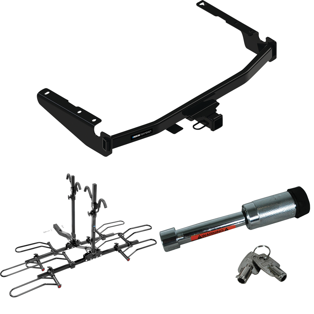 Fits 2018-2022 Lexus RX350L Trailer Hitch Tow PKG w/ 4 Bike Plaform Style Carrier Rack + Hitch Lock (Excludes: w/Twin-Tip Exhaust Models) By Reese Towpower