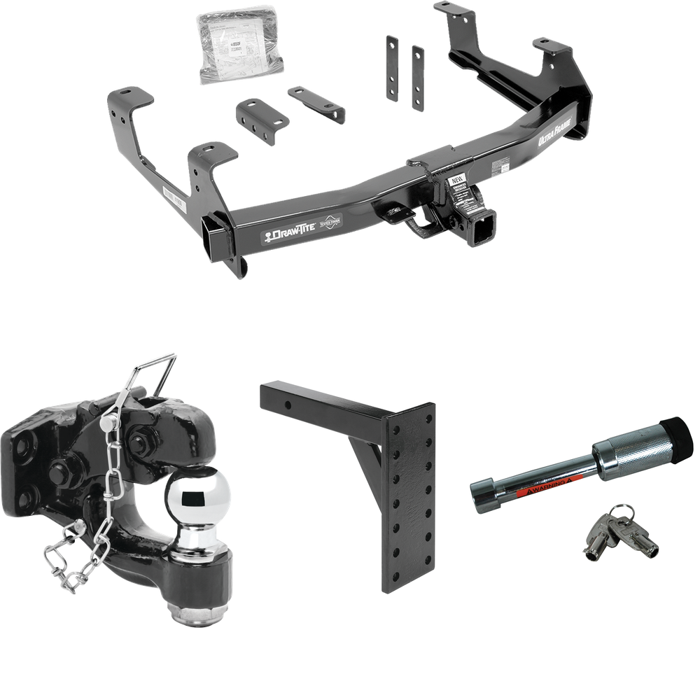 Fits 2015-2019 Chevrolet Silverado 3500 HD Trailer Hitch Tow PKG w/ 7 Hole Pintle Hook Mounting Plate + Pintle Hook & 2" Ball Combination + Hitch Lock By Draw-Tite