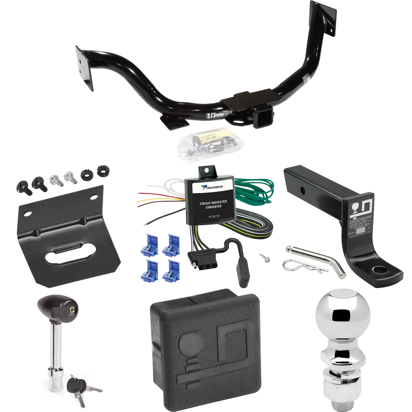 Fits 2003-2006 KIA Sorento Trailer Hitch Tow PKG w/ 4-Flat Wiring + Ball Mount w/ 4" Drop + 2-5/16" Ball + Wiring Bracket + Hitch Lock + Hitch Cover By Draw-Tite