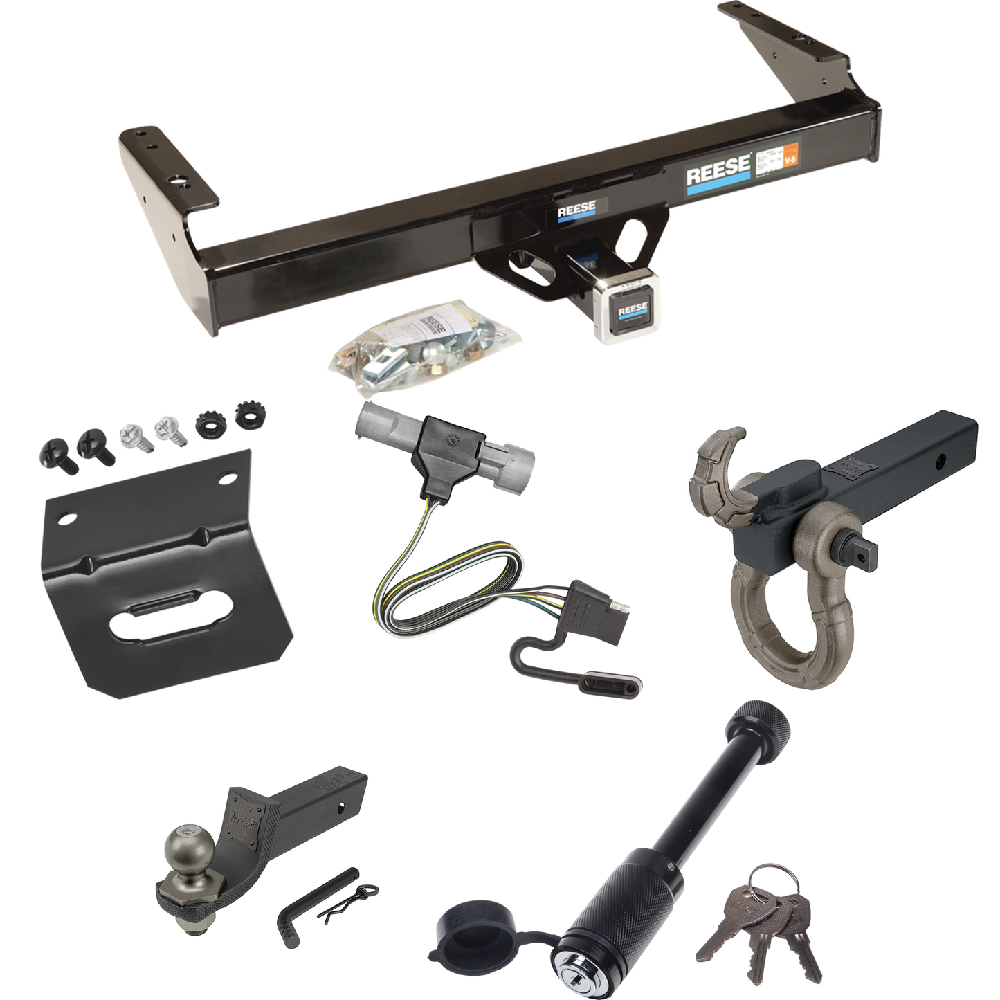 Fits 1992-1996 Ford F-150 Trailer Hitch Tow PKG w/ 4-Flat Wiring + Interlock Tactical Starter Kit w/ 2" Drop & 2" Ball + Tactical Hook & Shackle Mount + Tactical Dogbone Lock + Wiring Bracket (For Flareside, w/Rear Fascia Models) By Reese Towpower