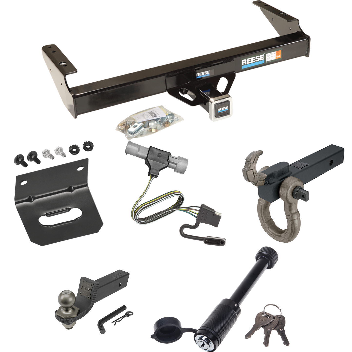 Fits 1997-1997 Ford F-350 Trailer Hitch Tow PKG w/ 4-Flat Wiring + Interlock Tactical Starter Kit w/ 2" Drop & 2" Ball + Tactical Hook & Shackle Mount + Tactical Dogbone Lock + Wiring Bracket (For Heavy Duty Models) By Reese Towpower