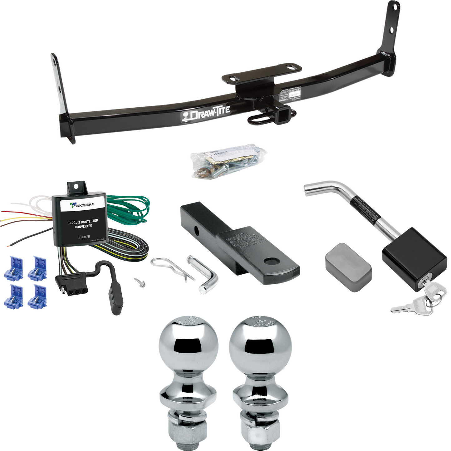 Se adapta al paquete de enganche de remolque Chevrolet Equinox 2005-2009 con arnés de cableado de 4 planos + barra de tracción + bola de 1-7/8" + 2" + bloqueo de enganche de Draw-Tite