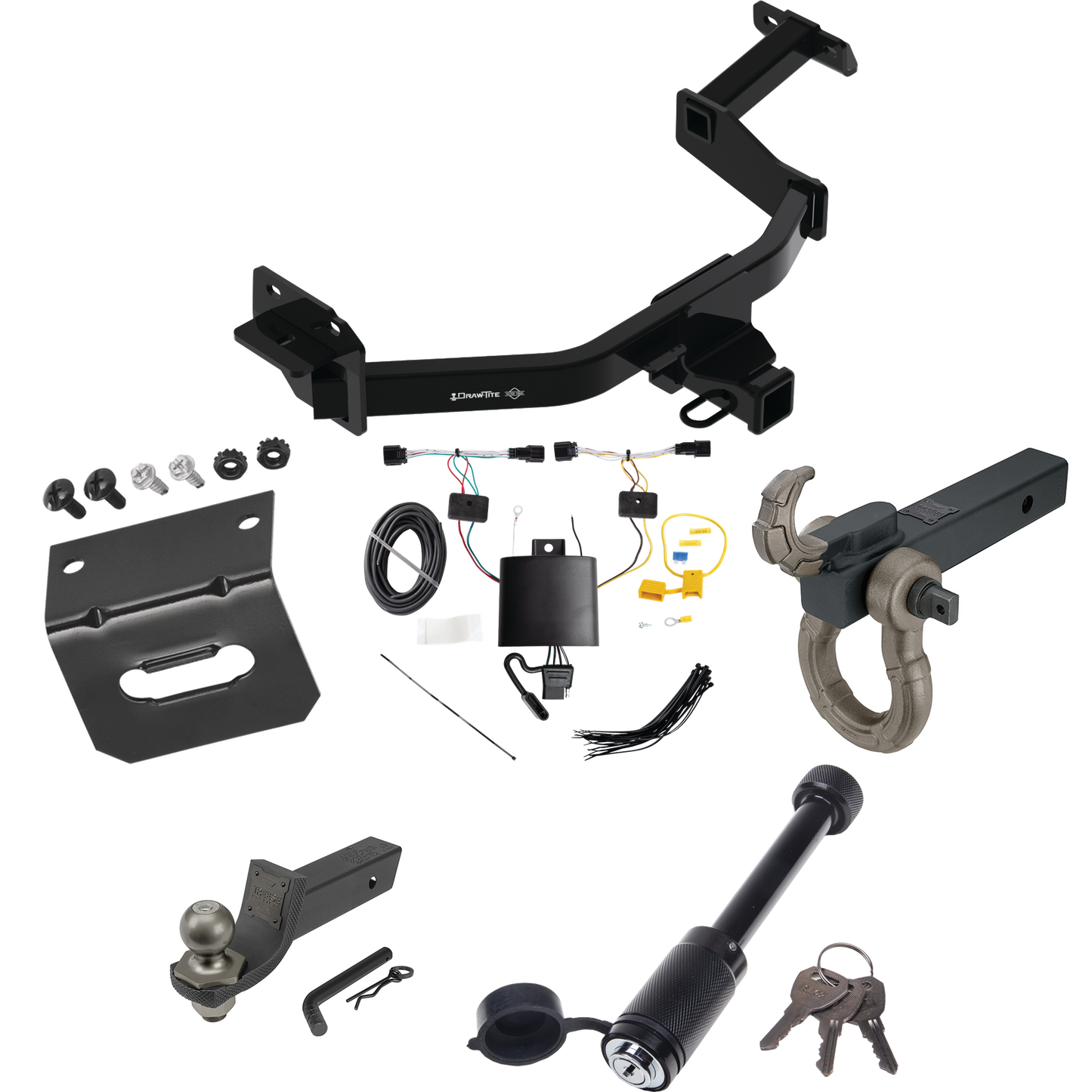 Fits 2021-2022 KIA Sorento Trailer Hitch Tow PKG w/ 4-Flat Wiring + Interlock Tactical Starter Kit w/ 2" Drop & 2" Ball + Tactical Hook & Shackle Mount + Tactical Dogbone Lock + Wiring Bracket By Draw-Tite